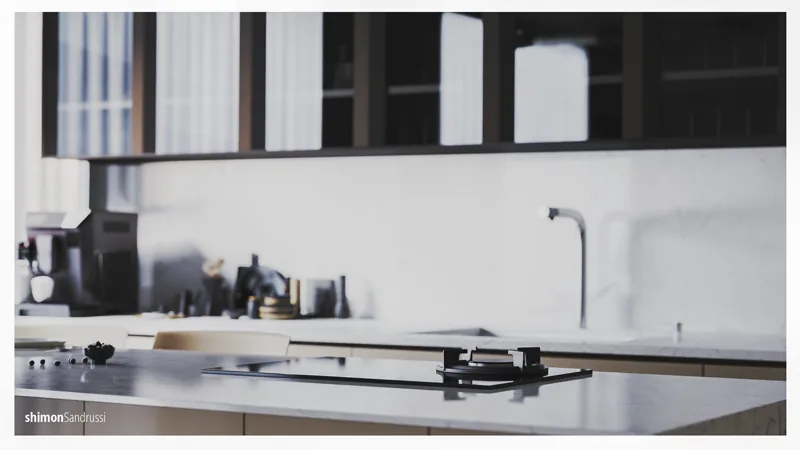 Kitchen counter composition with dark cabinetry
