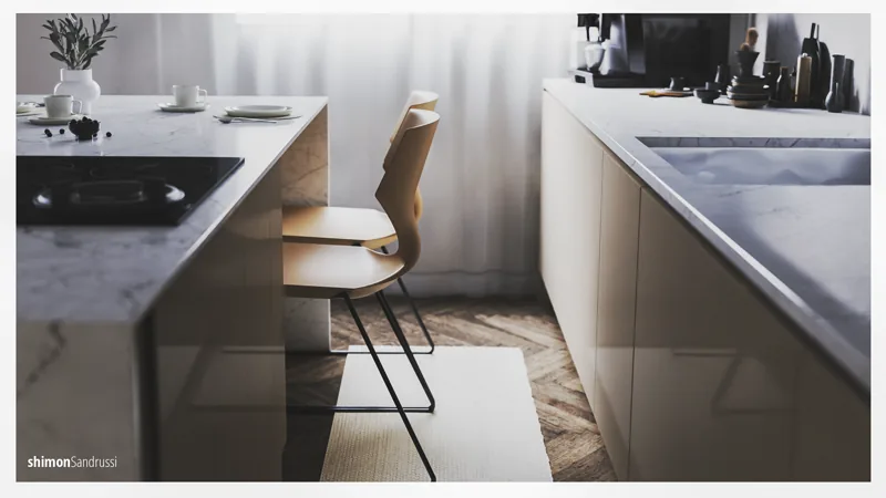View along the kitchen island and adjacent passage