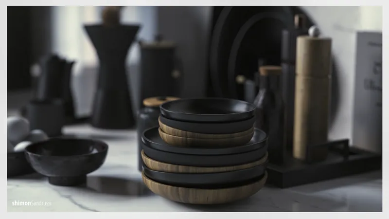 Tableware styling detail beside the kitchen island