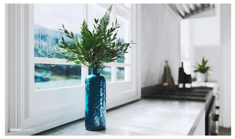 Vase and window detail with a blue color accent