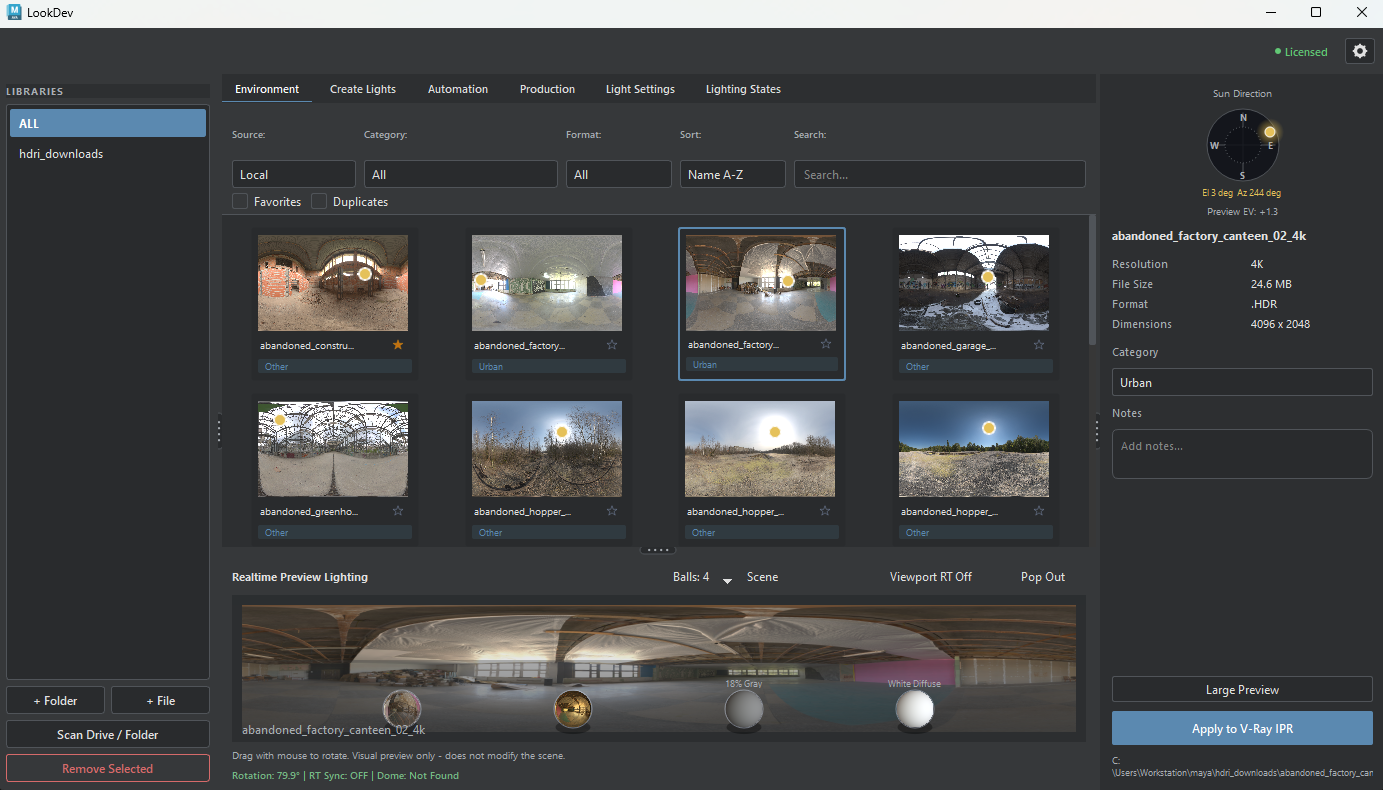 LookDev environment and HDRI lighting interface in Autodesk Maya